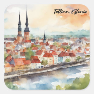 Tallinn Estonia Watercolor Painting Panorama Square Sticker