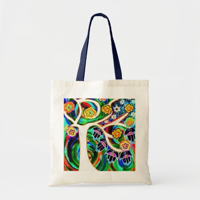 Tallit Tote Bag - Ivory Tree Of Life Hamsa BLUE (Front)
