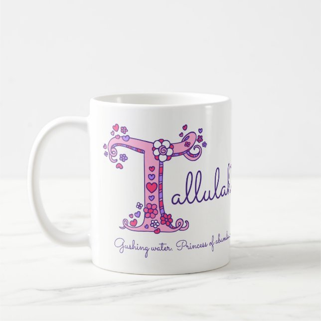 Tallulah name meaning doodle letter T art mug (Left)