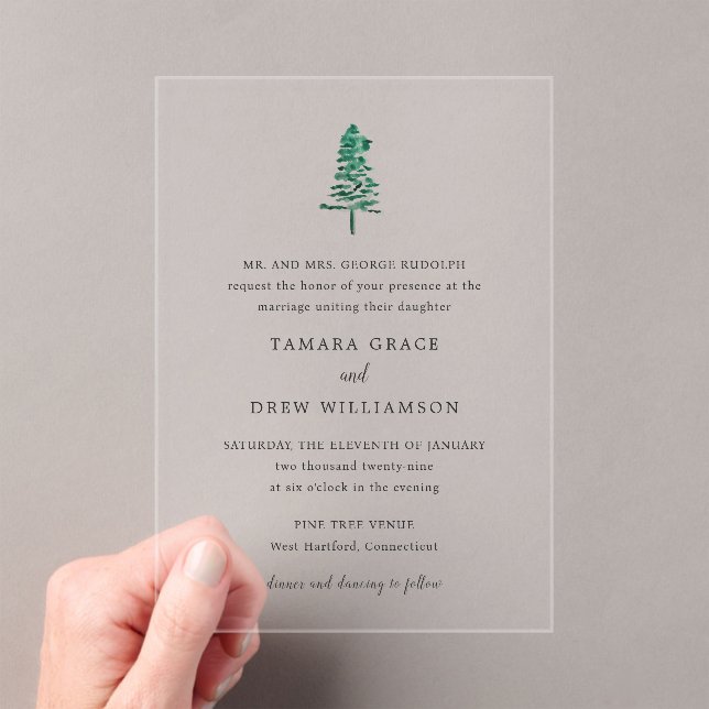 Tamara Pine Tree Modern Wedding Acrylic Invitations (Insitu (Handheld))