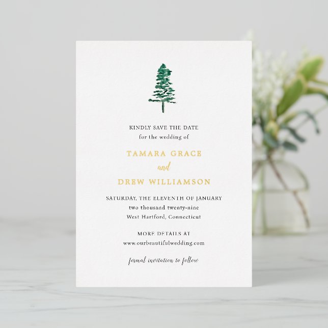 Tamara Pine Tree Modern Wedding Save the Date (Standing Front)