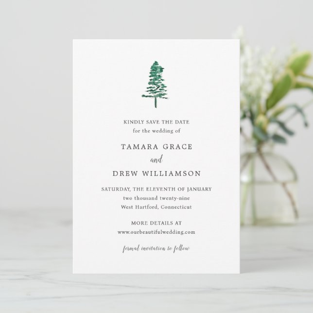 Tamara Pine Tree Modern Wedding Save The Date (Standing Front)