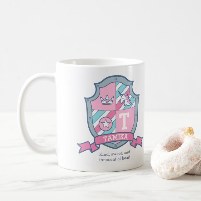 Tamika princess crest pink aqua blue name meaning coffee mug (With Donut)