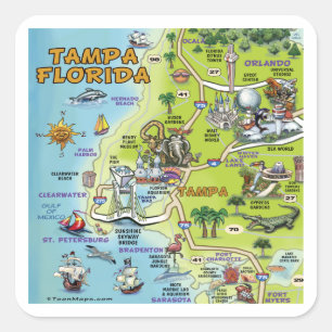 Tampa Florida Cartoon Map Square Sticker