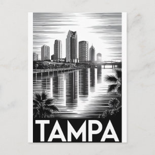 Tampa Florida Skyline Black White Woodcut Holiday Postcard