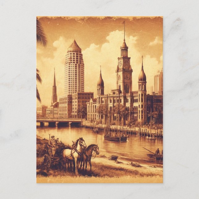 Tampa, Florida Vintage old Painting Travel Postcard (Front)
