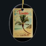 Tampa Palm Tree Vintage Travel Ceramic Tree Decoration<br><div class="desc">A uniquely retro mid-century modern Tampa Florida art print in vintage travel poster style. It features a curved palm tree on sandy beach with ocean under a blue cloudy sky.</div>
