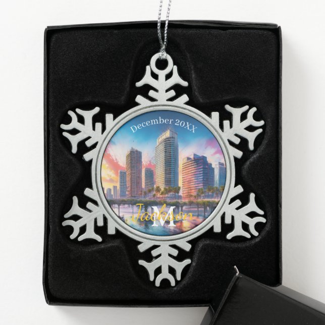 Tampa Skyline Snowflake Pewter Christmas ornament (Box)