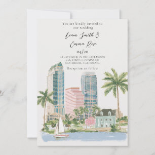 Tampa Skyline Watercolor Wedding Invitation