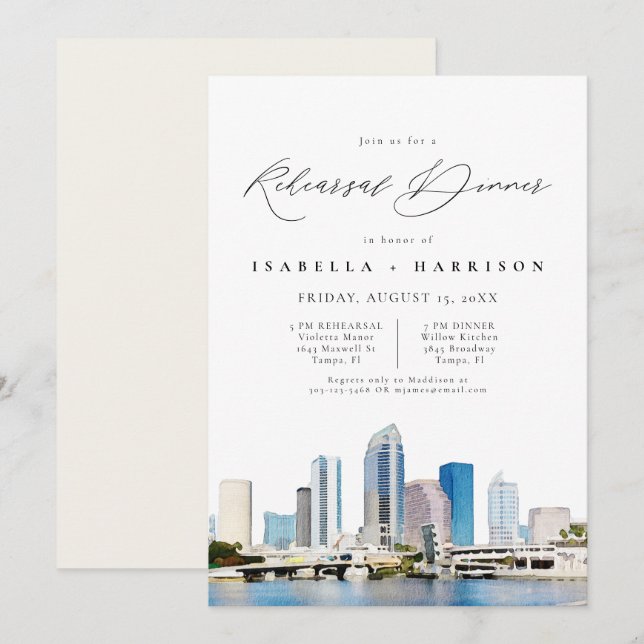 TAMPA Watercolor Skyline Florida Rehearsal Dinner Invitation (Front/Back)