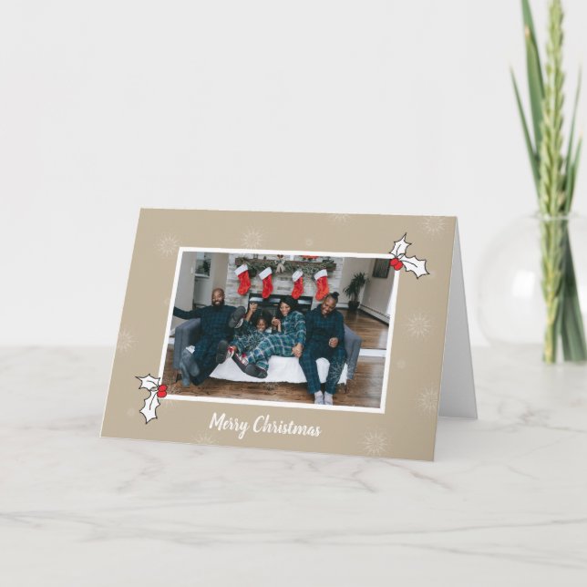 Tan 2 Holly Berries Digital Photo Christmas Art Card (Front)