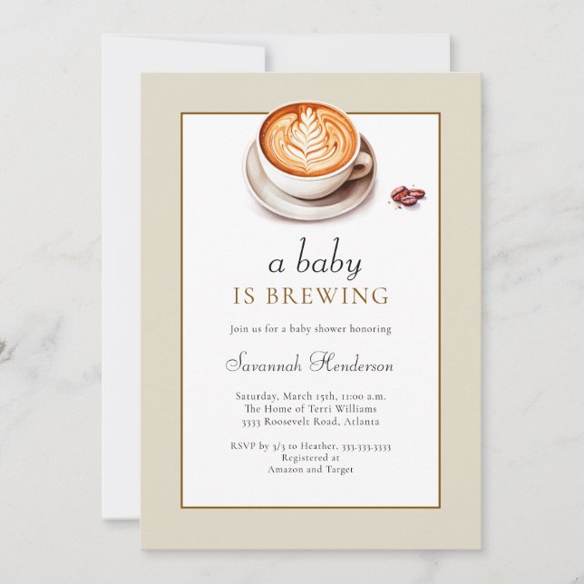 Tan A Baby Is Brewing Coffee Cup Baby Shower  Invitation (Front)
