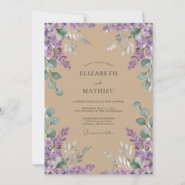 Tan Amethyst Wisteria Wedding Invitation (Front)