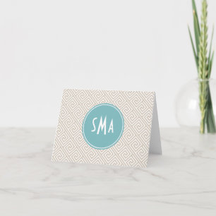 Tan and Aqua Greek Key Pattern Monogram Note Card