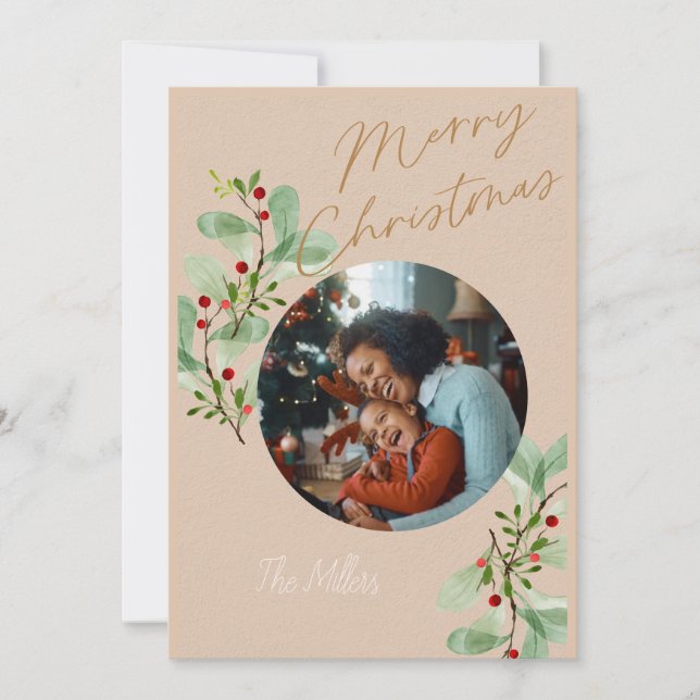 Tan and Beige Holly Circle Christmas Card (Front)
