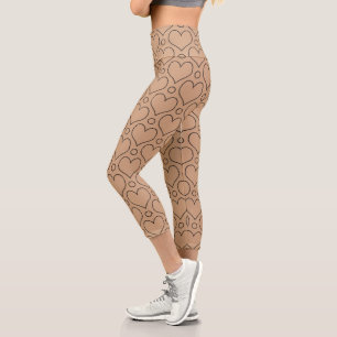 Tan and Black Love Hearts and Polka Dots pattern Capri Leggings