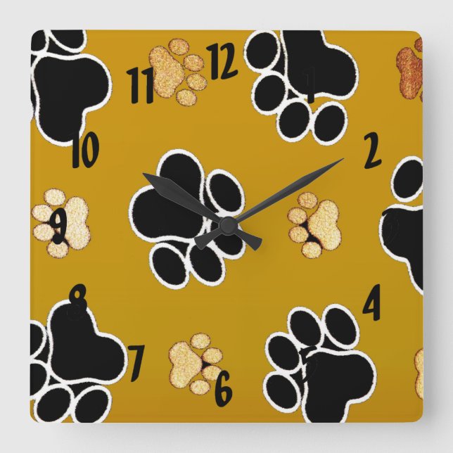 Tan and black paw print on a gold background #2 square wall clock (Front)