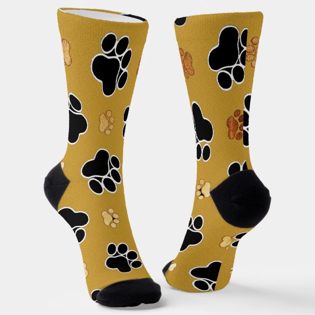 Tan and black paw print on a gold background #4 socks (Angled)
