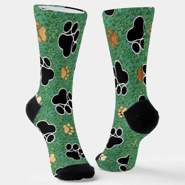 Tan and black paw print on green grass  socks (Angled)