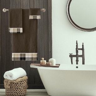 Tan and black plaid bath towel set