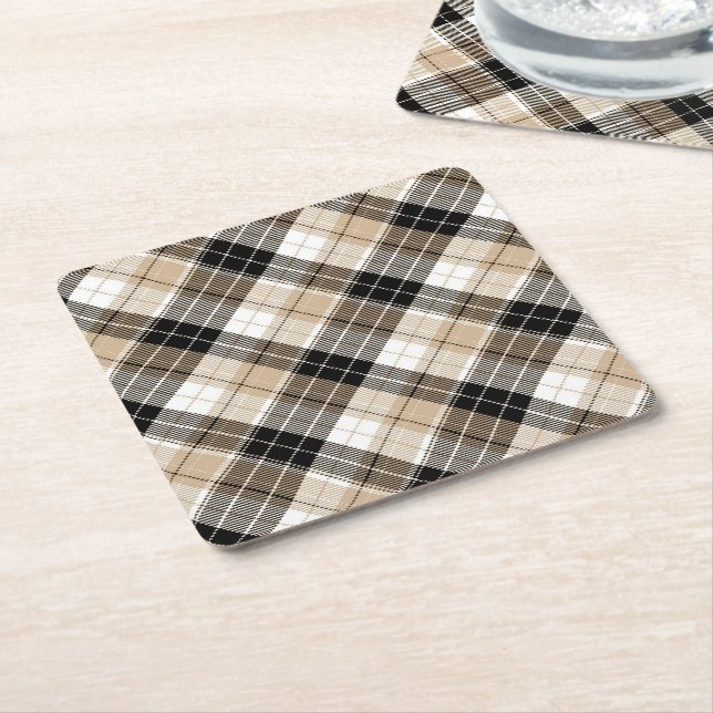 Tan and black plaid square paper coaster (Angled)