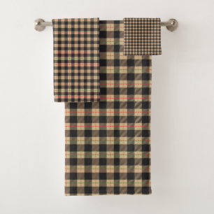 Tan and Black Red Stripe Buffalo Plaid  Bath Towel Set