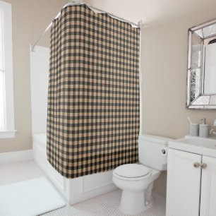 Tan and Black Red Stripe Buffalo Plaid Shower Curtain