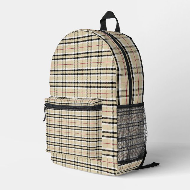 Tan and Black Tartan Plaid Printed Backpack (Back Corner Right)