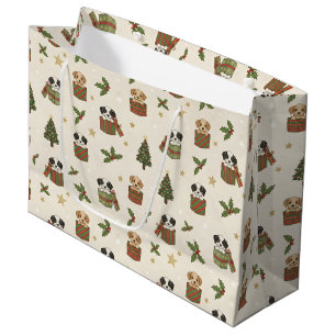 Tan and Black & White Puppies Christmas Pattern Large Gift Bag