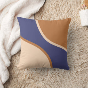 Tan and Blue Minimalist Swirl Shapes and Edges Cushion