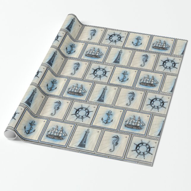 Tan and Blue Nautical Seahorses and Lighthouses Wrapping Paper (Unrolled)