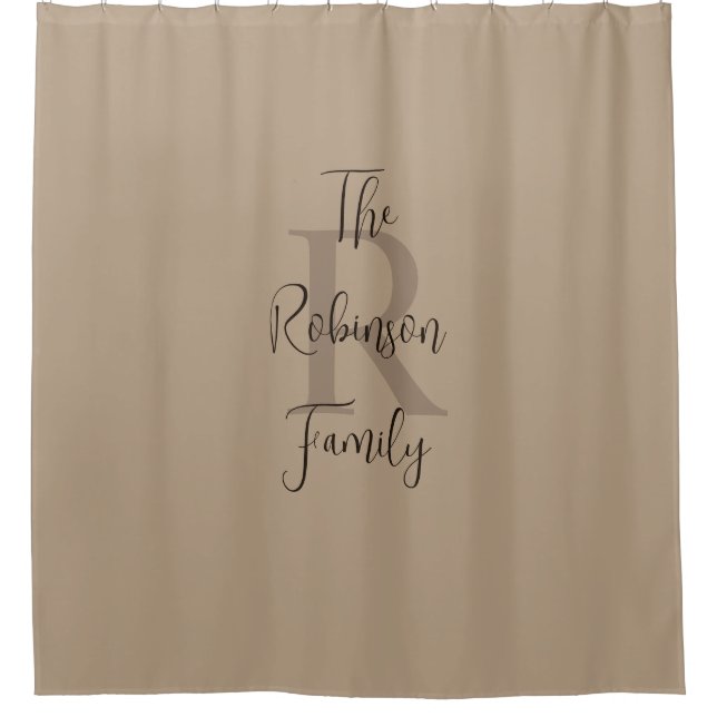 Tan and Brown Family Name Monogrammed  Shower Curtain (Front)