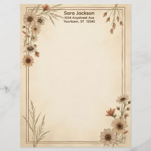 Tan and Brown Flowers and Grass Stationery Paper Custom Letterhead