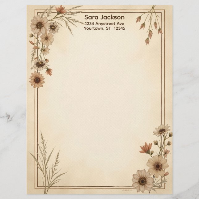 Tan and Brown Flowers and Grass Stationery Paper Custom Letterhead (Front)