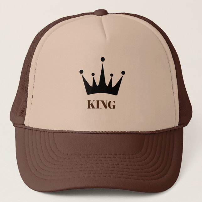 Tan and Brown King text and Crown Image Trucker Hat (Front)