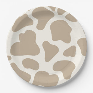 Tan and Cream Cow Print 1st Birthday Paper Plate