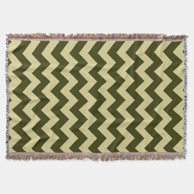 Tan and Green Chevron Zigzag Pattern Throw Blanket (Front)