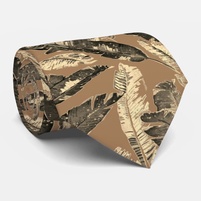 Tan and Grey Leaf Print Mens Tie (Rolled)