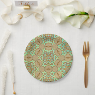 Tan and Turquoise Arabesque  Paper Plate