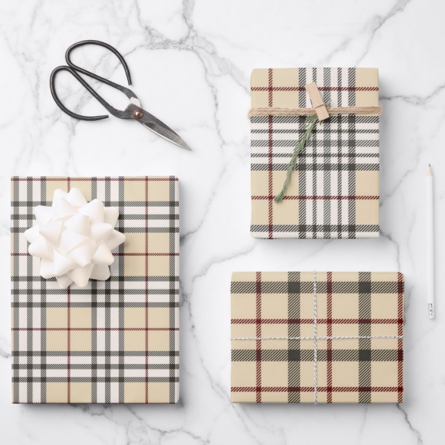 Tan and White Buffalo Plaid Gingham in set of 3 Wrapping Paper Sheet (Front)