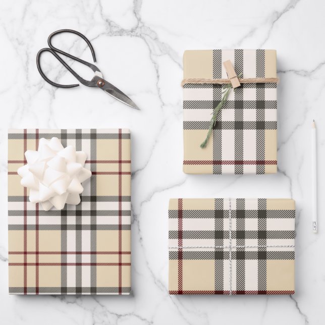 Tan and White Buffalo Plaid Gingham Wrapping Paper Sheet (Front)