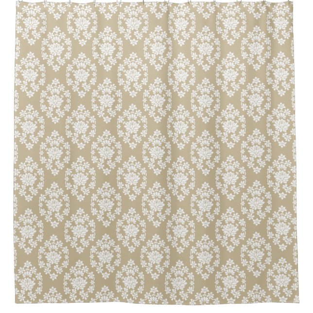 Tan and White Floral Damask Shower Curtain (Front)
