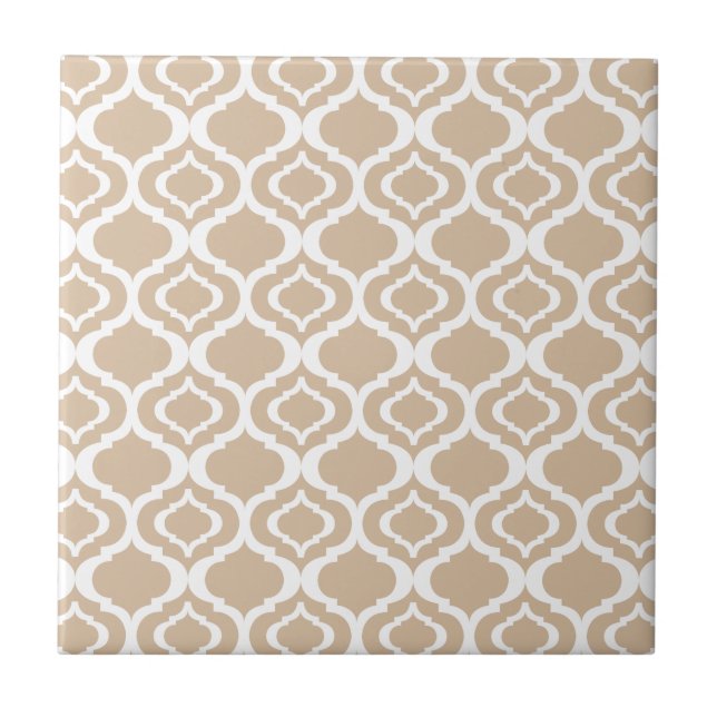 Tan and White Geometric Moroccan Lattice Pattern Tile (Front)