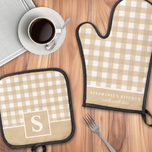 Tan And White Gingham Plaid Chequered Monogrammed Oven Mitt & Pot Holder Set
