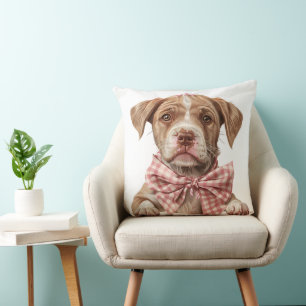 TAN AND WHITE PUT BULL PUPPY DOG WITH PINK BOW CUSHION