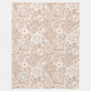 Tan And White Retro Flowers And Butterflies Fleece Blanket