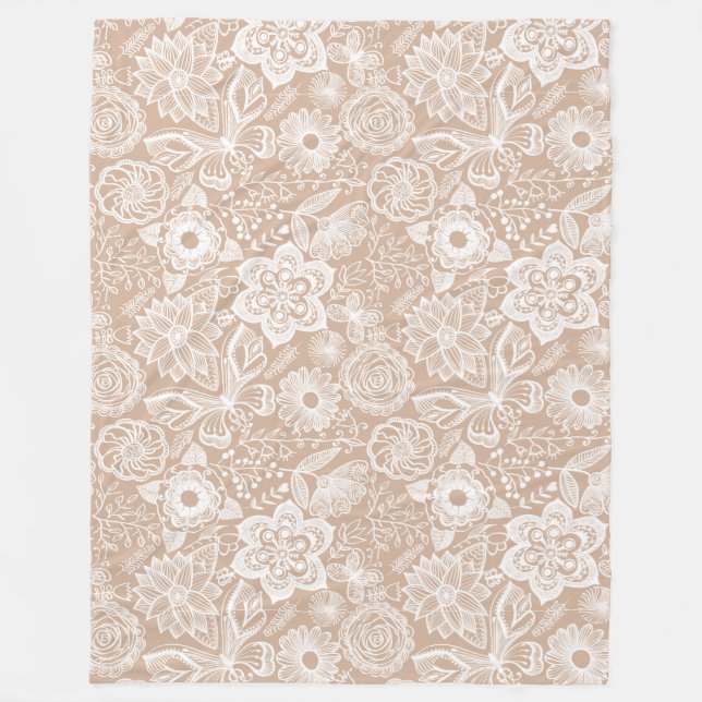 Tan And White Retro Flowers And Butterflies Fleece Blanket (Front)