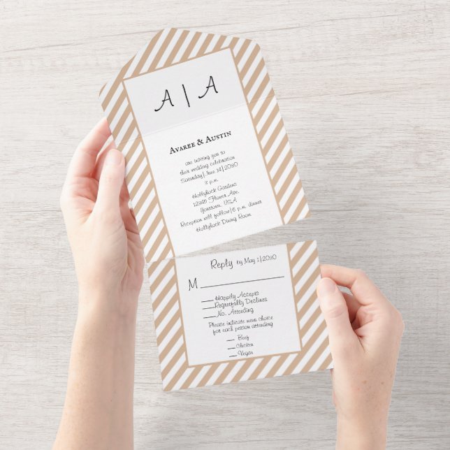 Tan and White Striped All in One Wedding Invite (Tearaway)