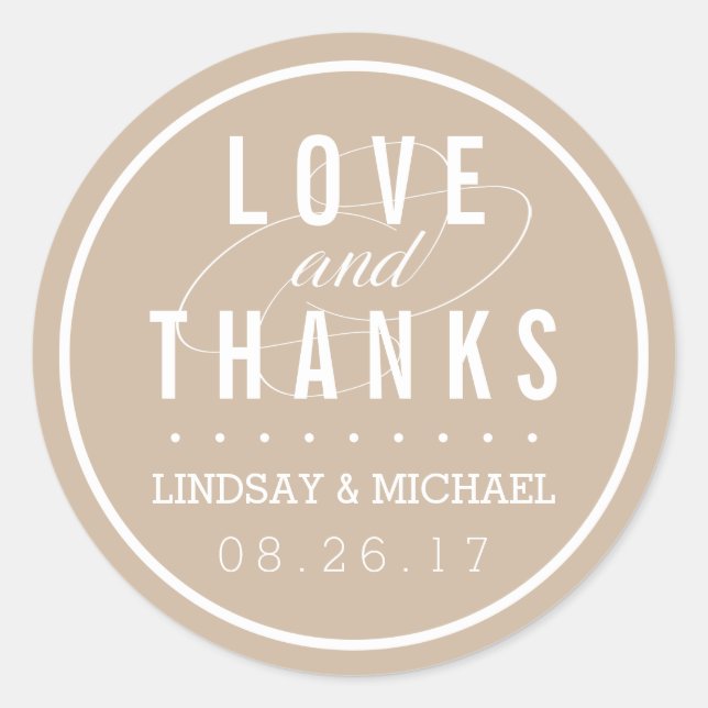 Tan and White Wedding Favour Thank You Classic Round Sticker (Front)