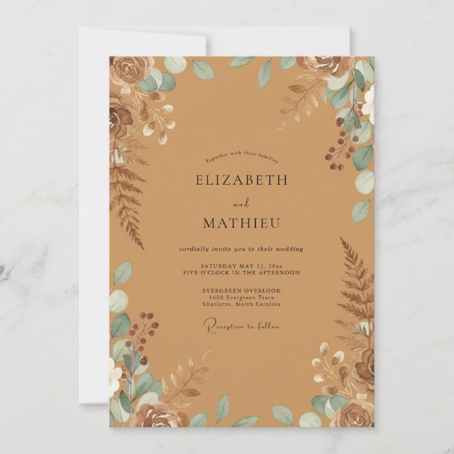 Tan Aqua Fern Wedding Invitation (Front)